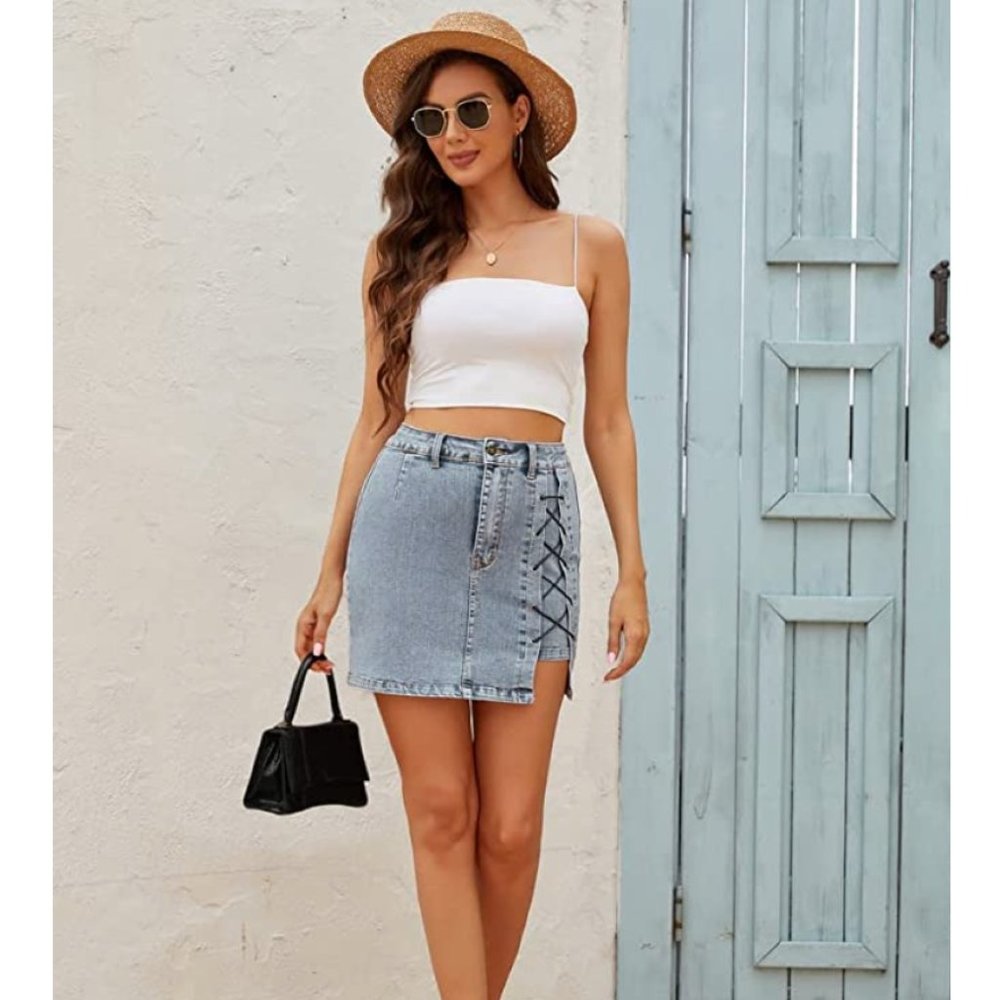Light Wash Lace Up Denim High Waist Asymmetrical Cut Out Jean Mini Pencil Skirt - Picture 4 of 7
